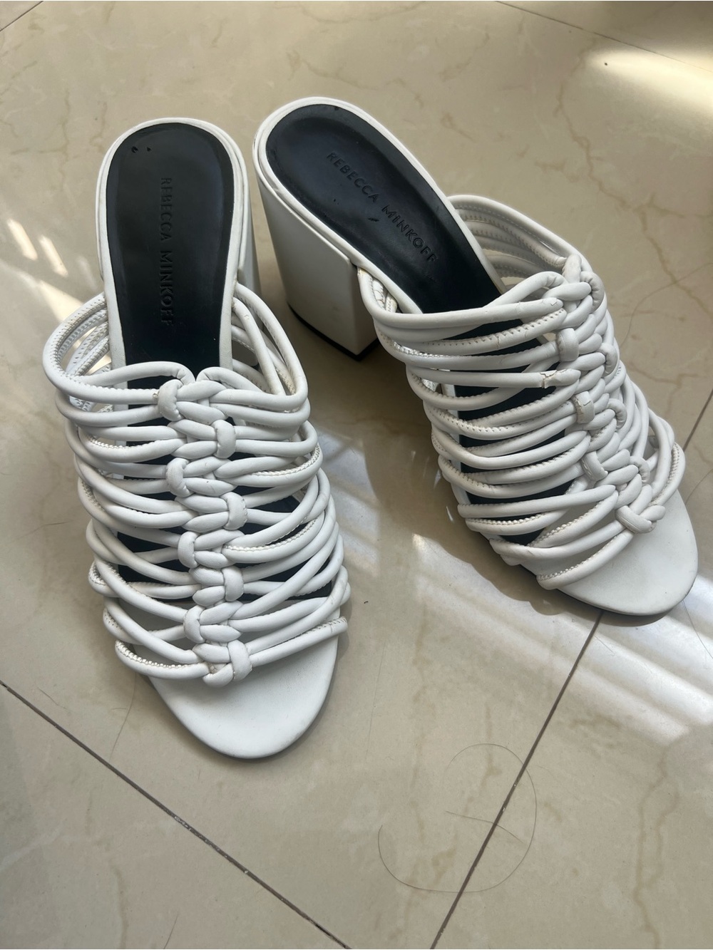 Rebecca Minkoff White Knotted Multi-Strap Block Heel Mules